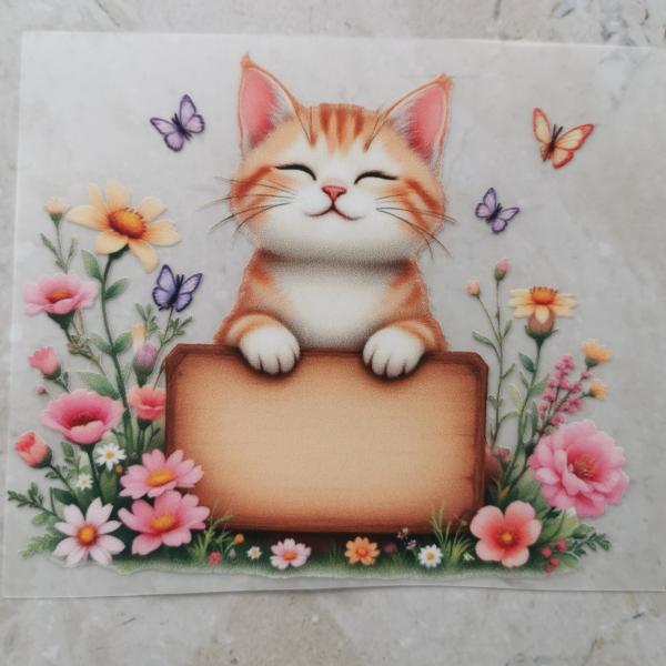 Bügelbild Katze mit Schild