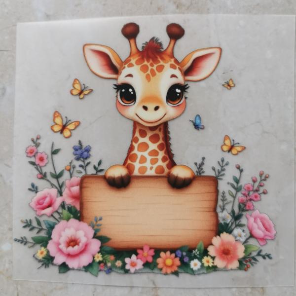 Bügelbild Giraffe mit Schild