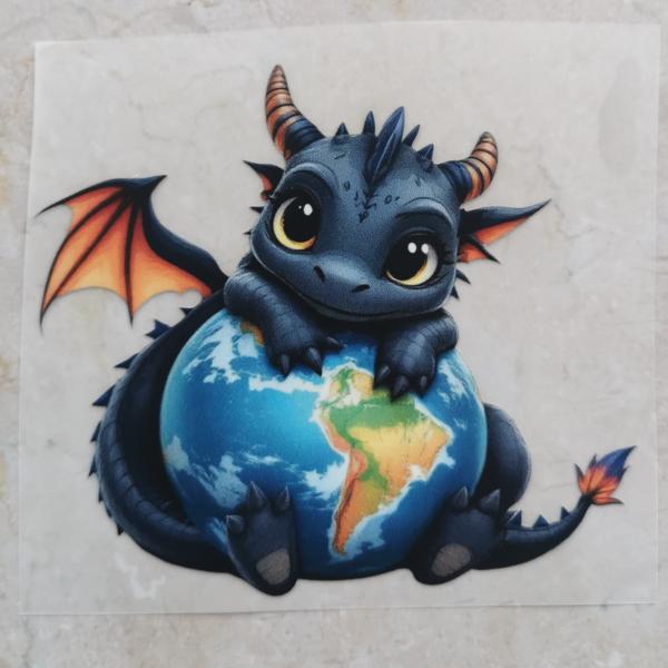 Bügelbild schwarzer Drache schützt die Welt