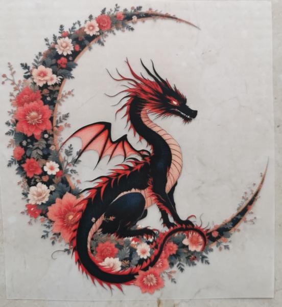 Bügelbild Drache floraler Mond rot