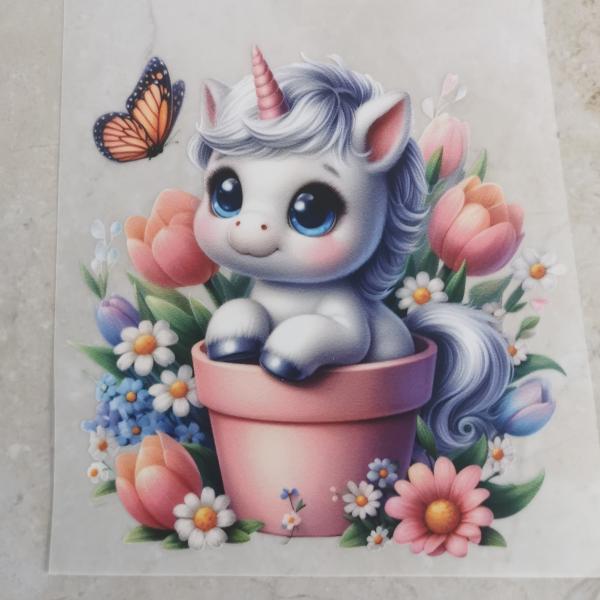 Bügelbild Einhorn rosa Blumentopf rosa Horn
