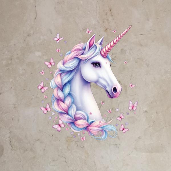 Bügelbild Einhornkopf Schmetterlinge