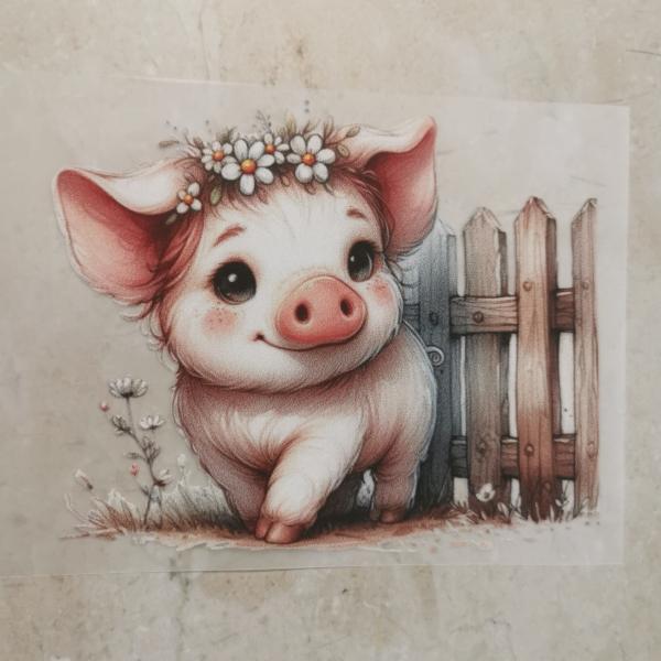 Bügelbild Schwein am Zaun