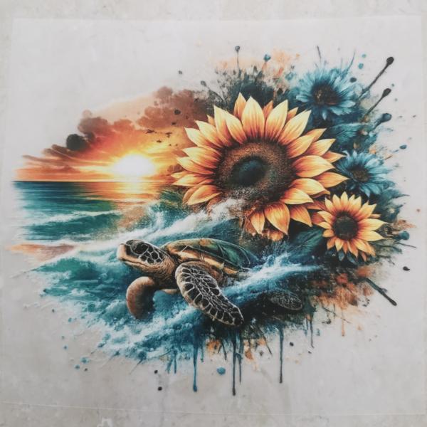 Bügelbild schwimmende Schildkröte Sonnenblumen
