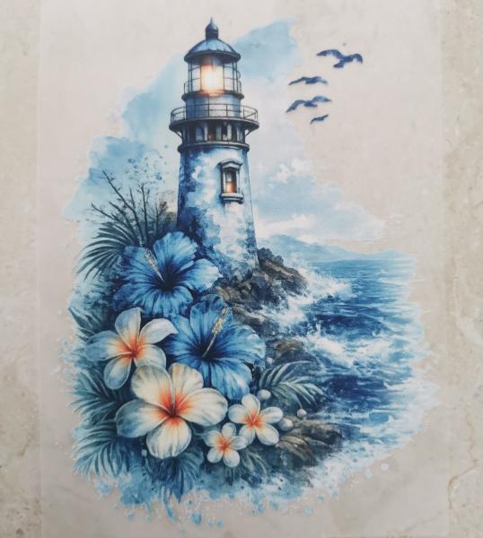 Bügelbild blauer Leuchtturm Blüten