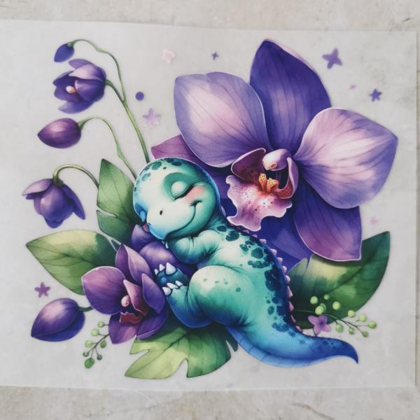 Bügelbild süßer Dino Orchidee