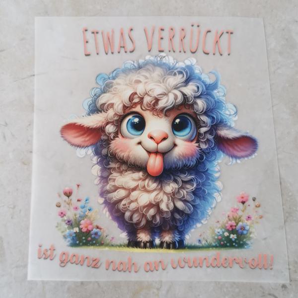 Bügelbild verrücktes Schaf mit Spruch