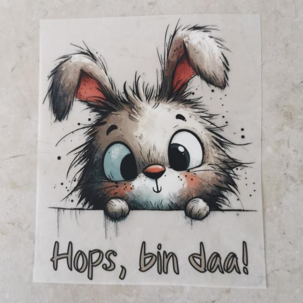 Bügelbild Hops, bin daa Hase