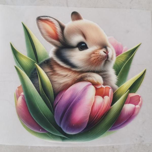 Bügelbild süßer Hase in Tulpen