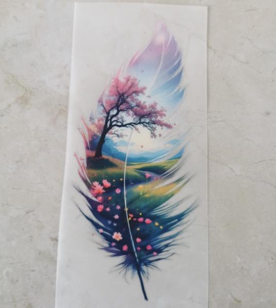 Bügelbild Feder Kirschblüte Landschaft