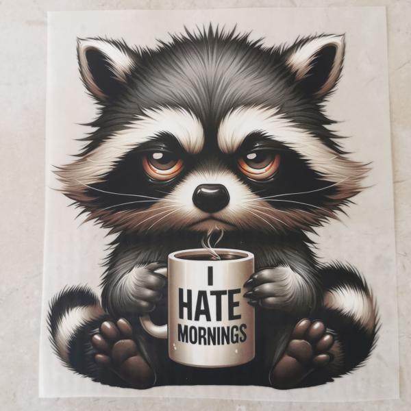 Bügelbild mürrischer Waschbär mit Kaffee