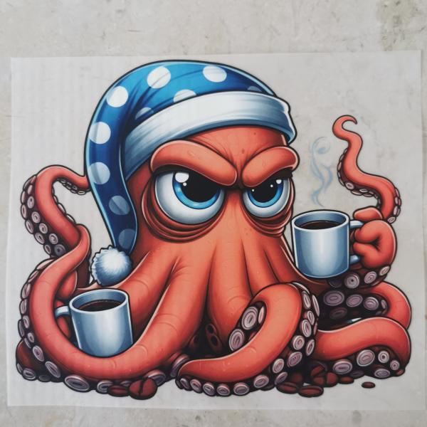 Bügelbild mürrischer Oktopus mit Kaffee