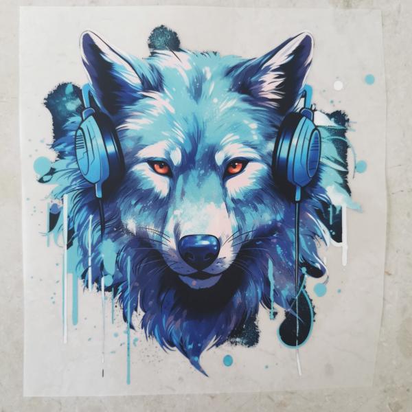 Bügelbild Wolf Kopfhörer blau