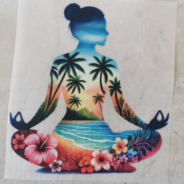 Bügelbild Yoga Silhouetten Strand viele Palmen