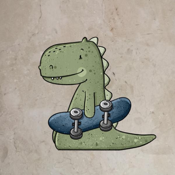 Bügelbild Skateboarddino hält Board