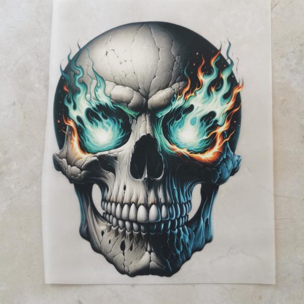 Bügelbild Flammenskull blau-orange
